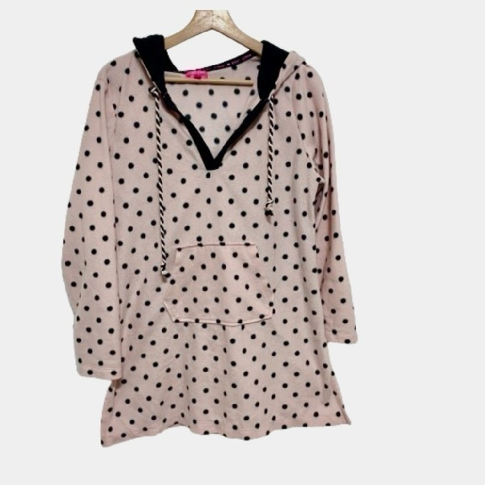 Betsey Johnson pink black polka dot hoodie soft pajama medium